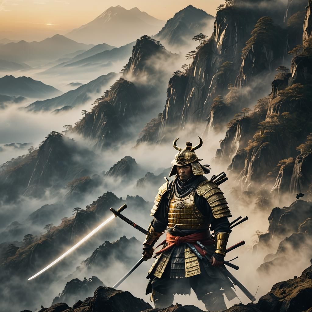 Samurai Warrior with Glowing Sword on Misty Peak