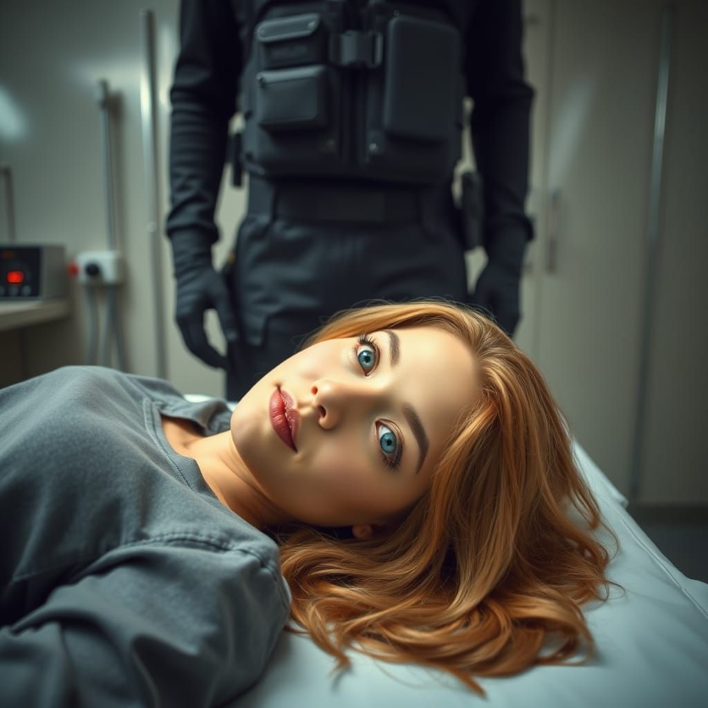 Dystopian Medical Room Scene with Woman and Doctor