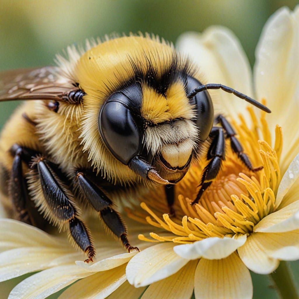 Sleepy Bumblebee on Flower in Watercolor Style
