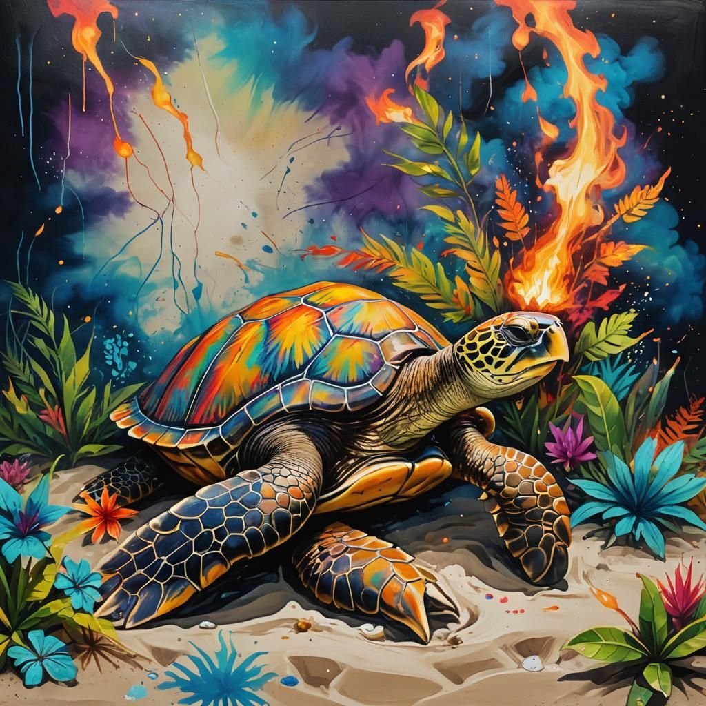 Majestic Sea Turtle in Fauvist Graffiti Style