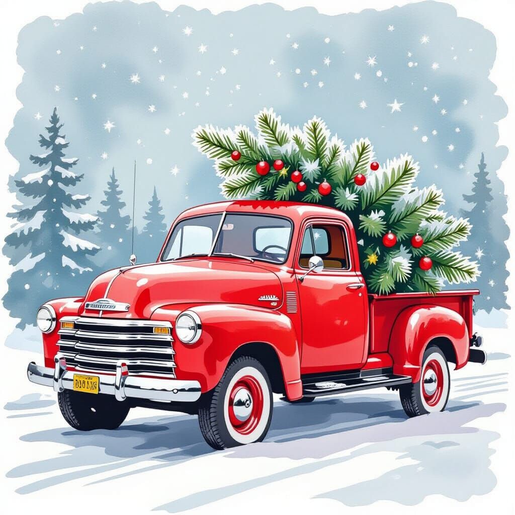 Vintage Red Truck with Christmas Tree, Watercolor Style