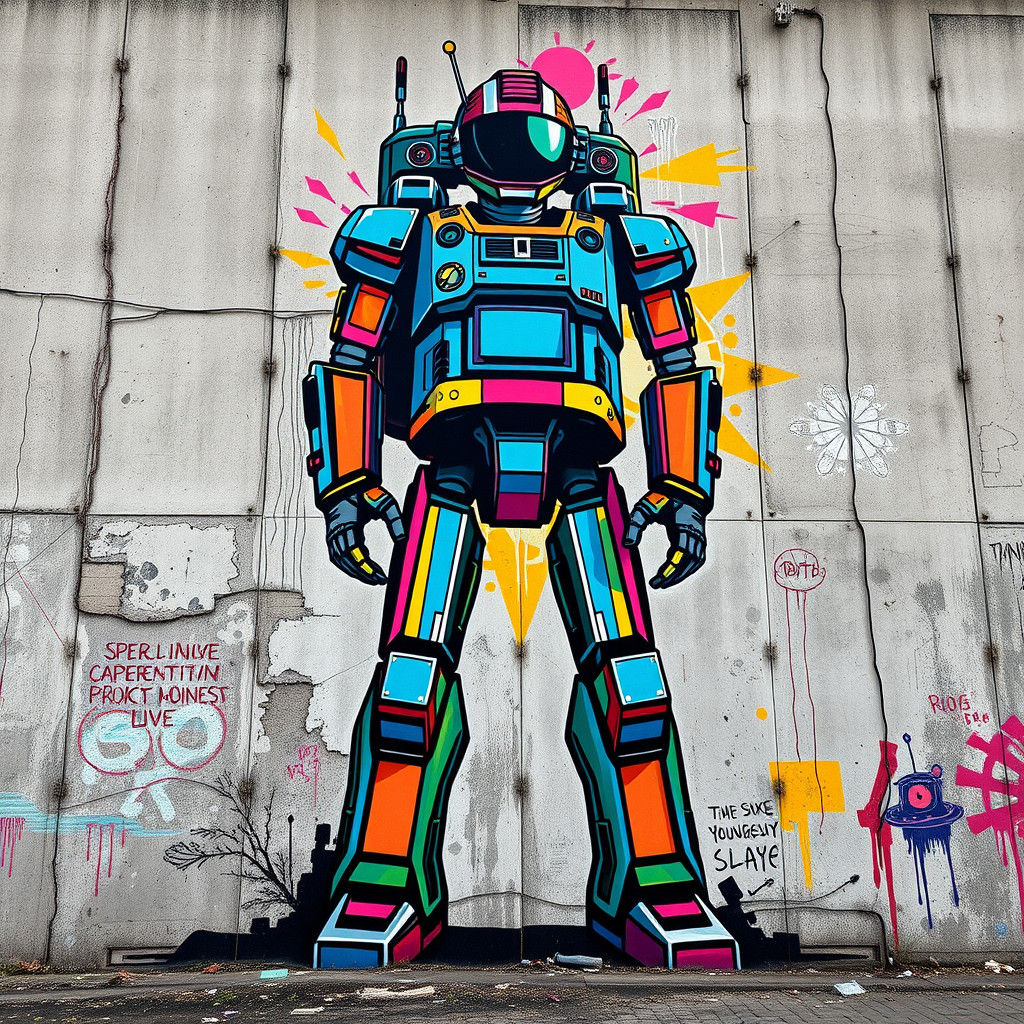 Space Robot Street Art Mural on Concrete Wall
