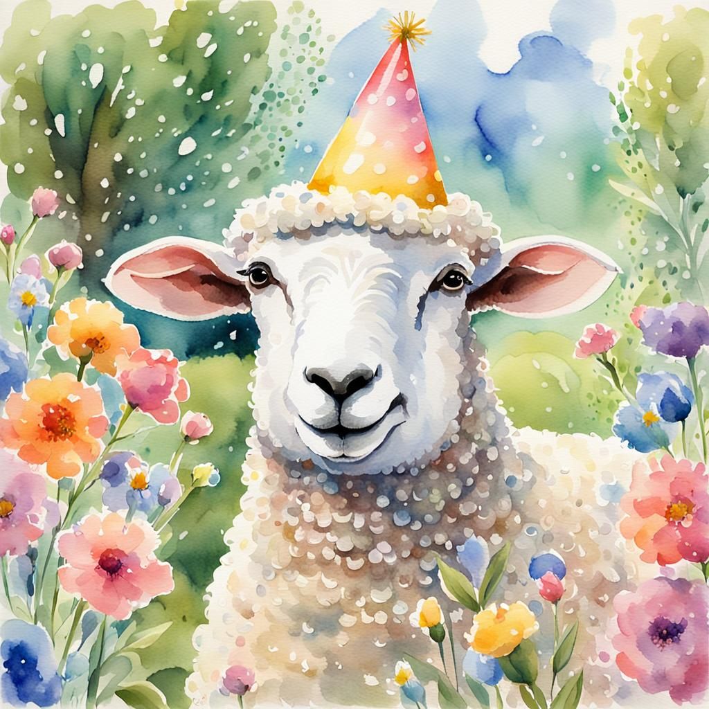 Anthropomorphic Sheep Birthday in Watercolor Garden