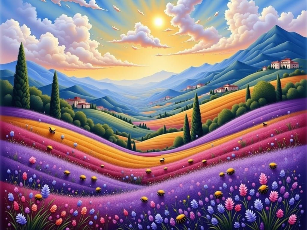 Lavender Valley Village Landscape in Neo-Impressionist Style