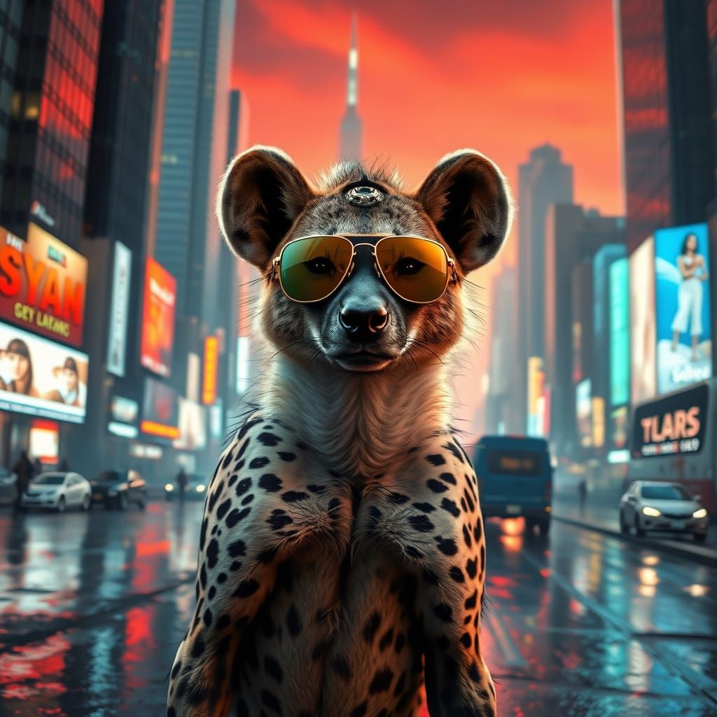 Heroic Hyena in Futuristic Metropolis