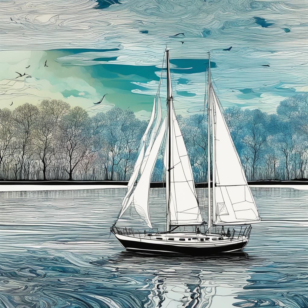 Sailboat Silhouette in Spring Holland: Pearlescent Ink Drawi...