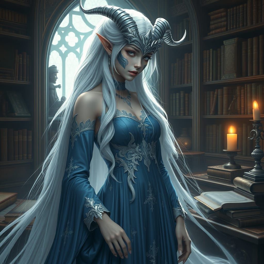 Ethereal Elf in Mystical Library, Digital Matte Painting