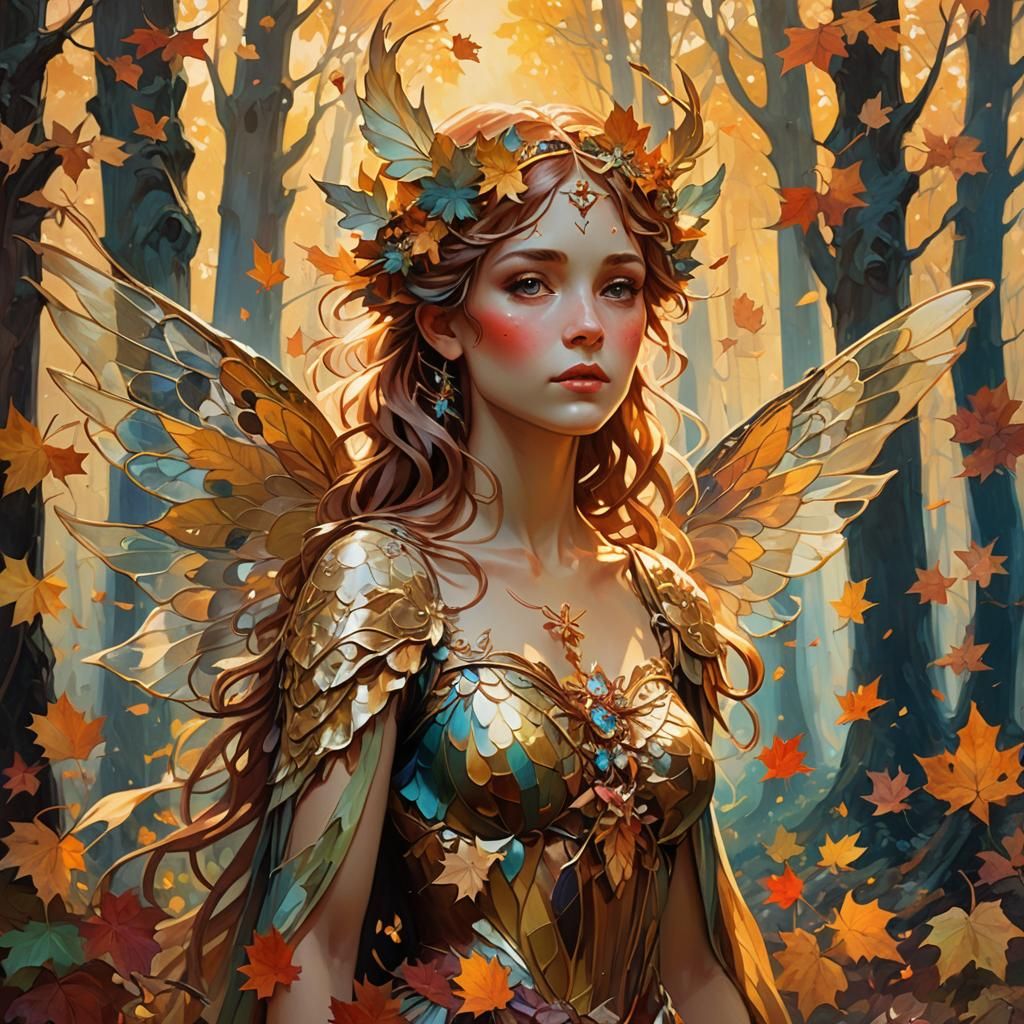 Autumn Fae in Forest, Oil Painting Style