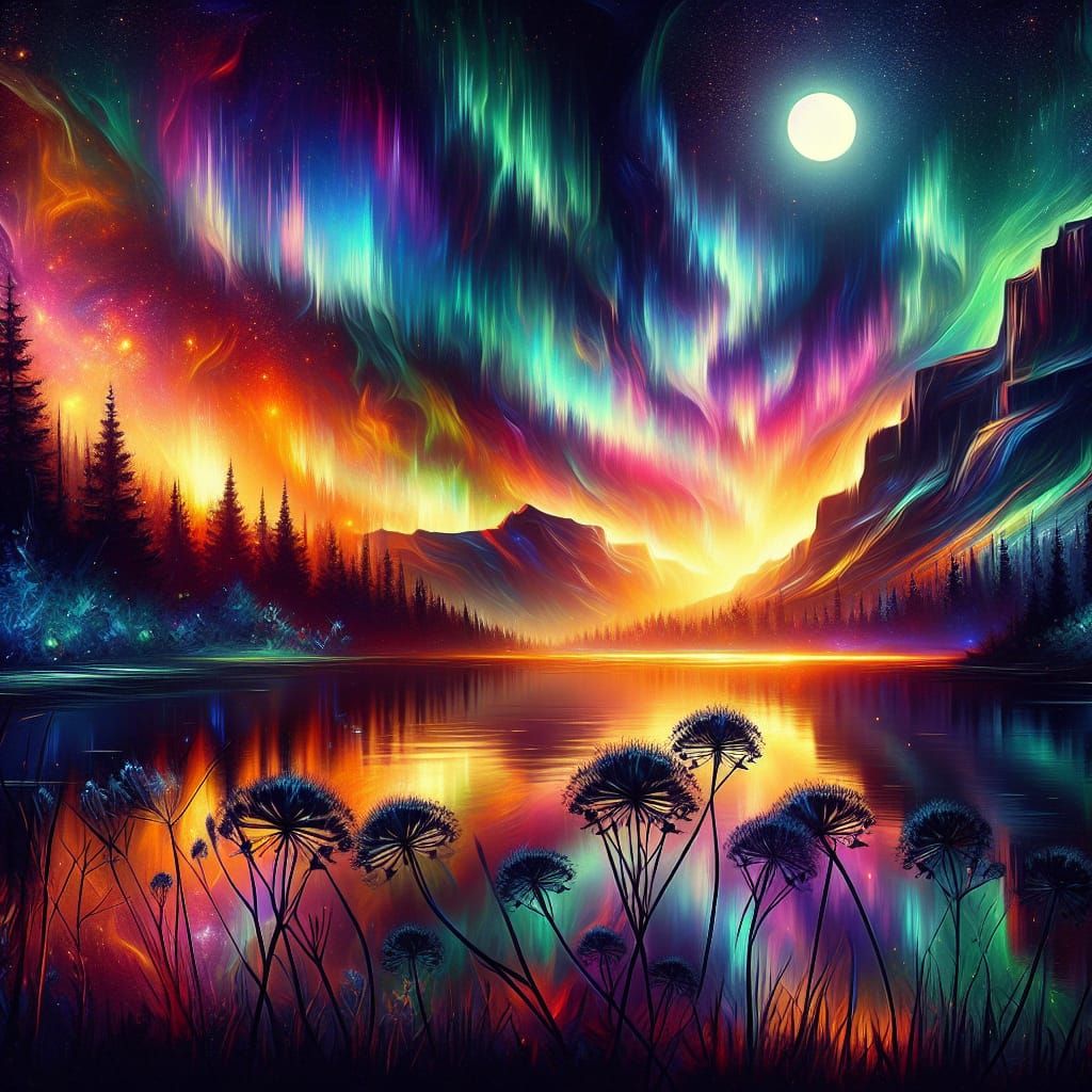 Aurora Borealis Over Lake: Abstract Artistic Image