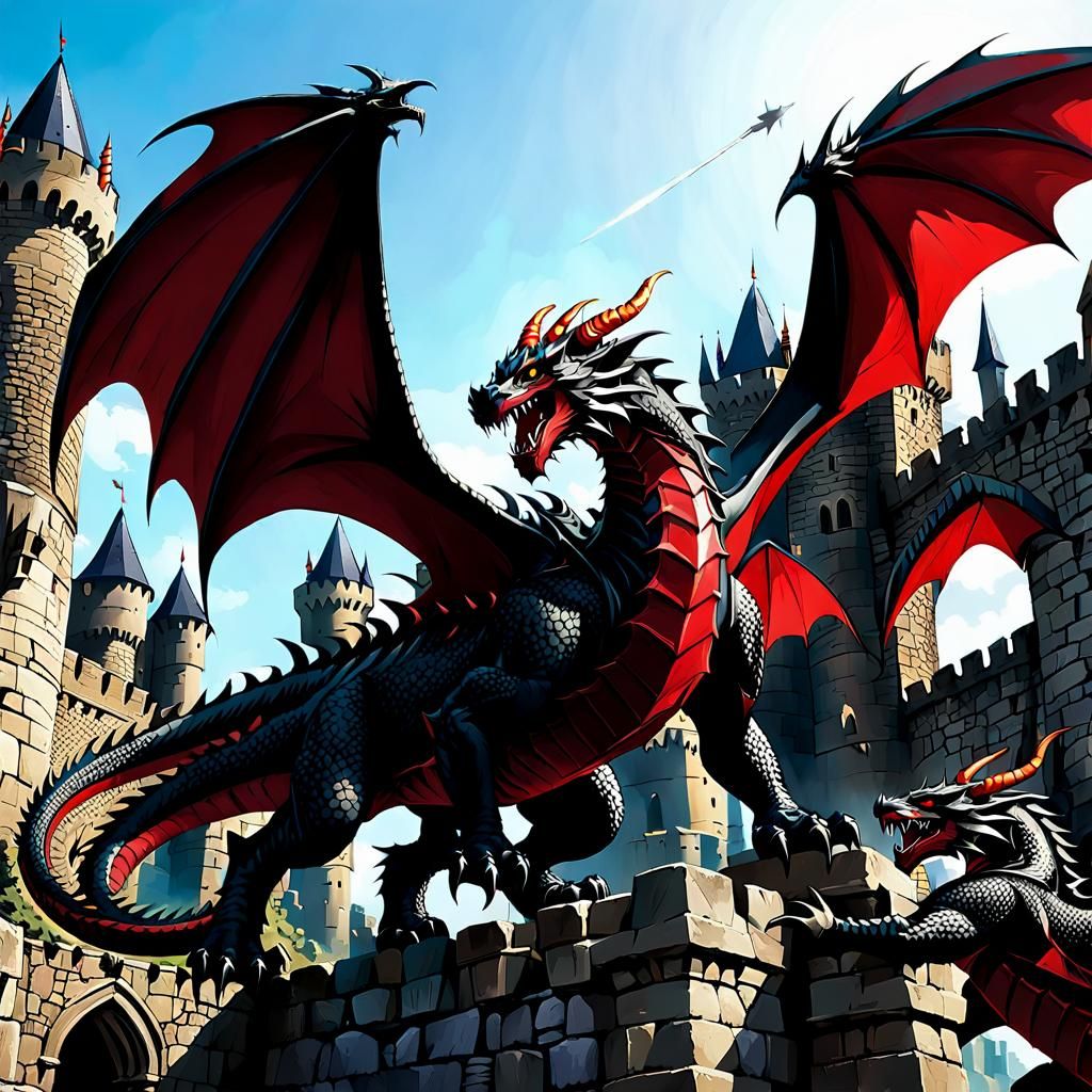 Dragons Attack Castle: Dark Fantasy Battle Scene