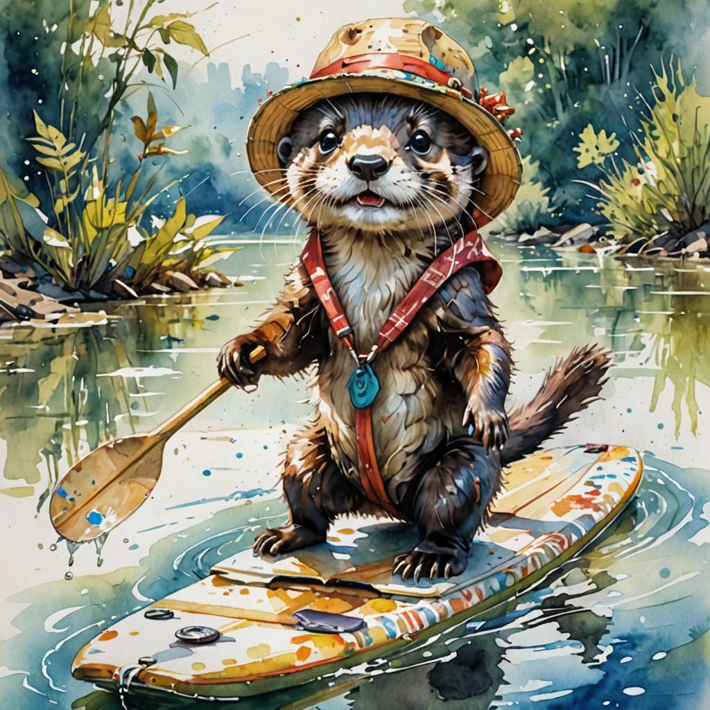 Joyful Otter Paddling on Sparkling River, Watercolor