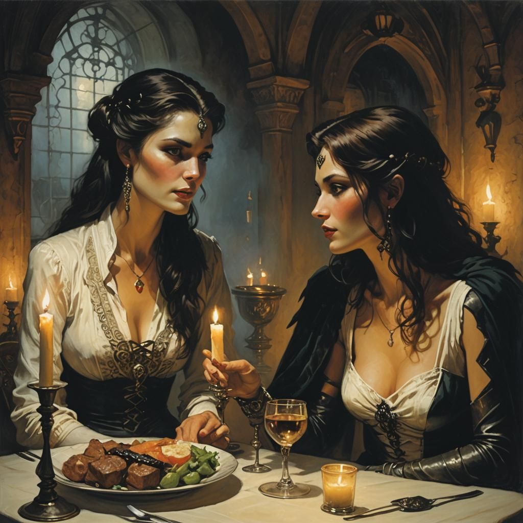Couple's Candlelit Dinner in Gerald Brom Style