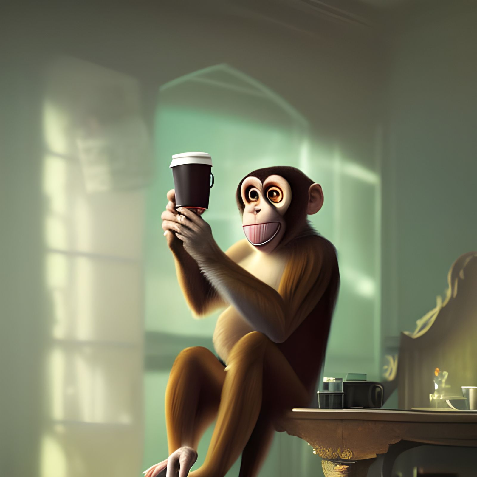 Monkey with Coffee Cup in Bedroom: Detailed Matte Painting