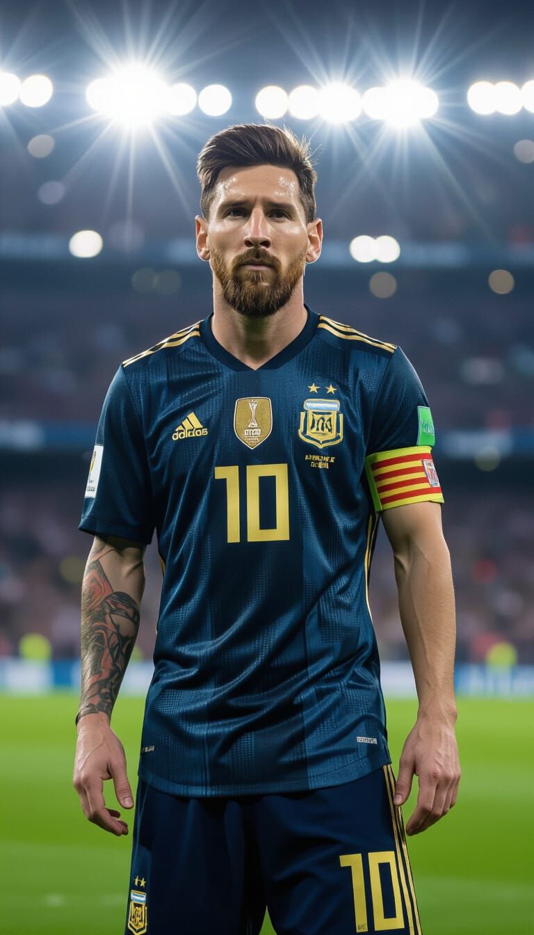 Lionel Messi Portrait on Football Field in Photorealistic St...