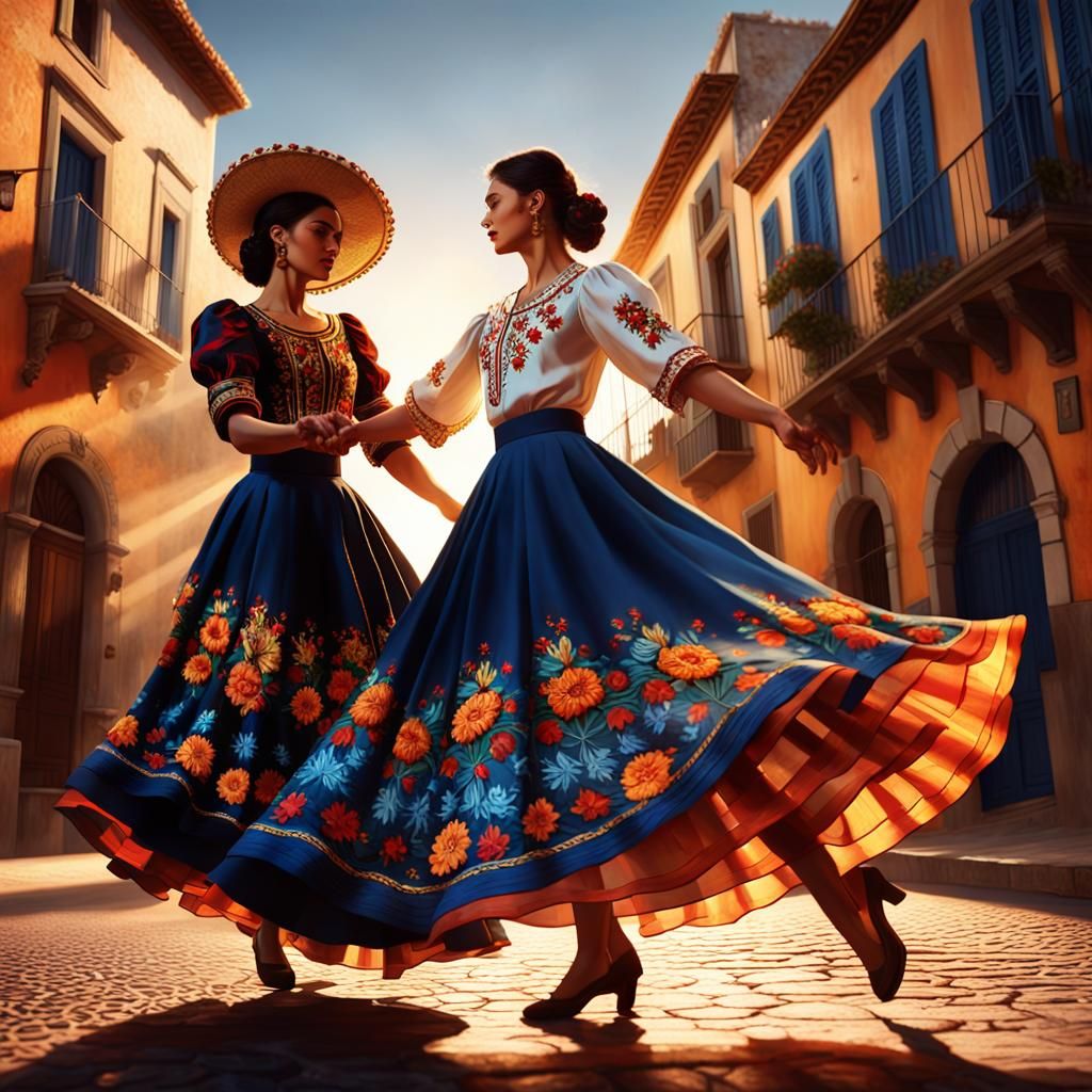 Spanish Dancers in Golden Hour: Oil Painting Style