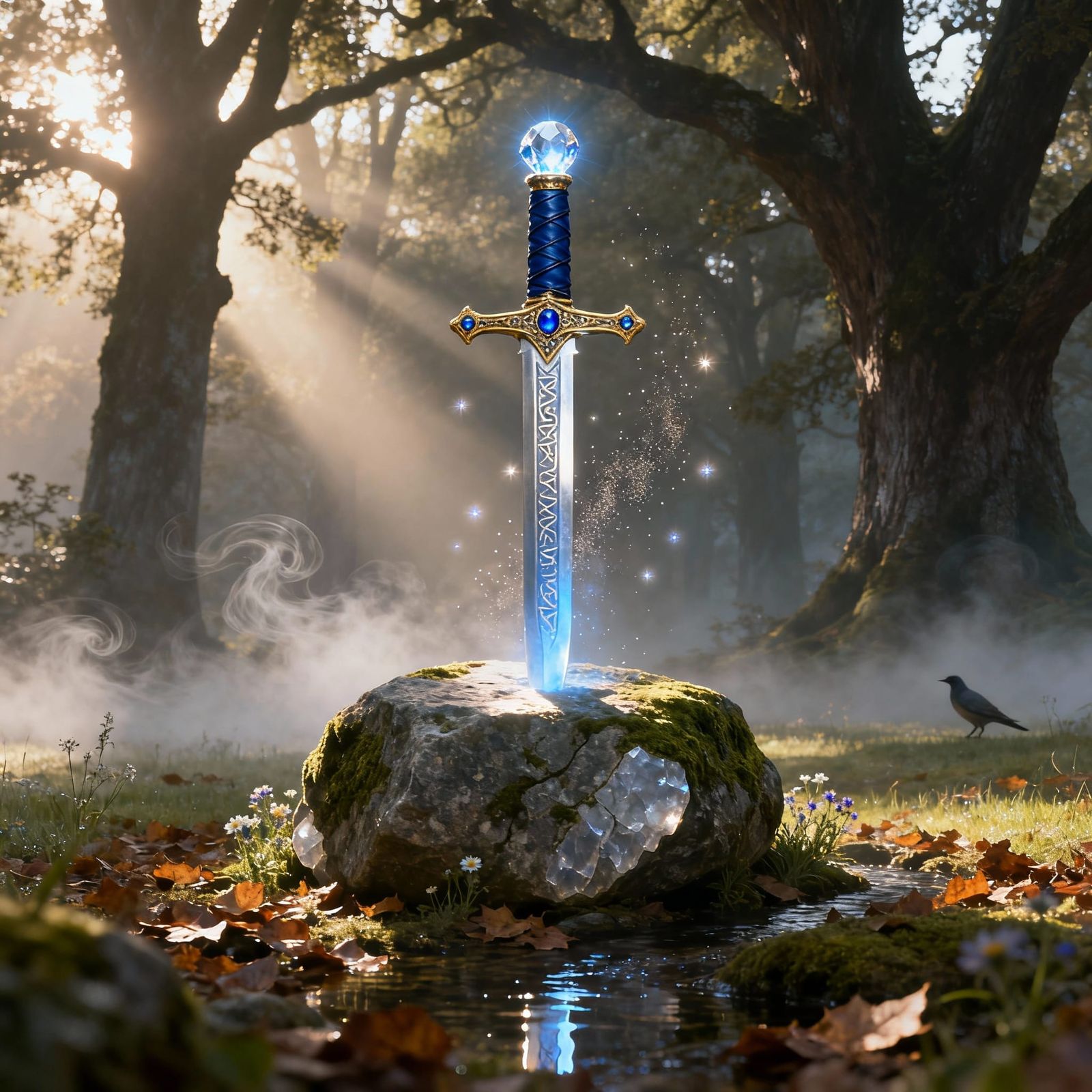 Excalibur Glows in Misty Forest Sacred Glade