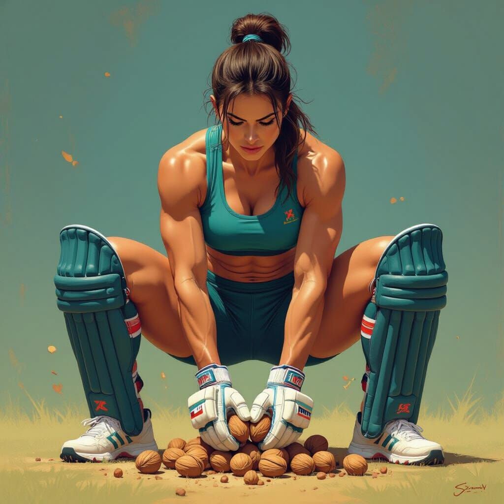 Muscular Cricketer Crushing Walnuts, Digital Art