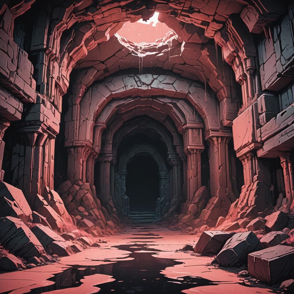 Salmon-Pink Cavern Crypt in 80s Ink Art Style