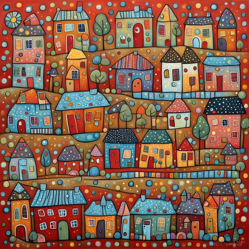 Folk Art Landscape in Naive Style