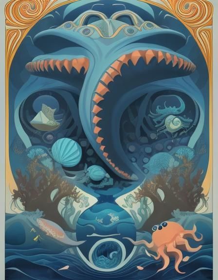 Megalodon in Deep Ocean: Art Nouveau Poster