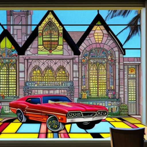Classic muscle cars neon parked outside of a gingerbread house with stained glass windows in the style of a 1960's illus...