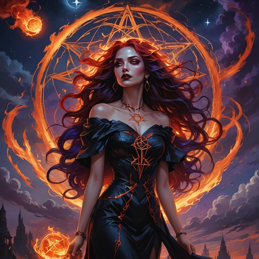 Fiery Goddess Conjures a Pentagram, Fantasy Art