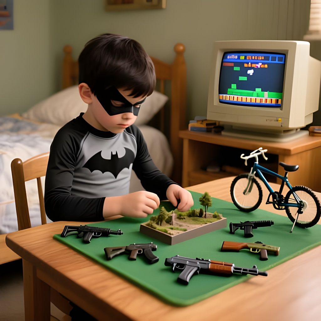 Young Boy Focused on Miniature Scene, Realistic Photograph
