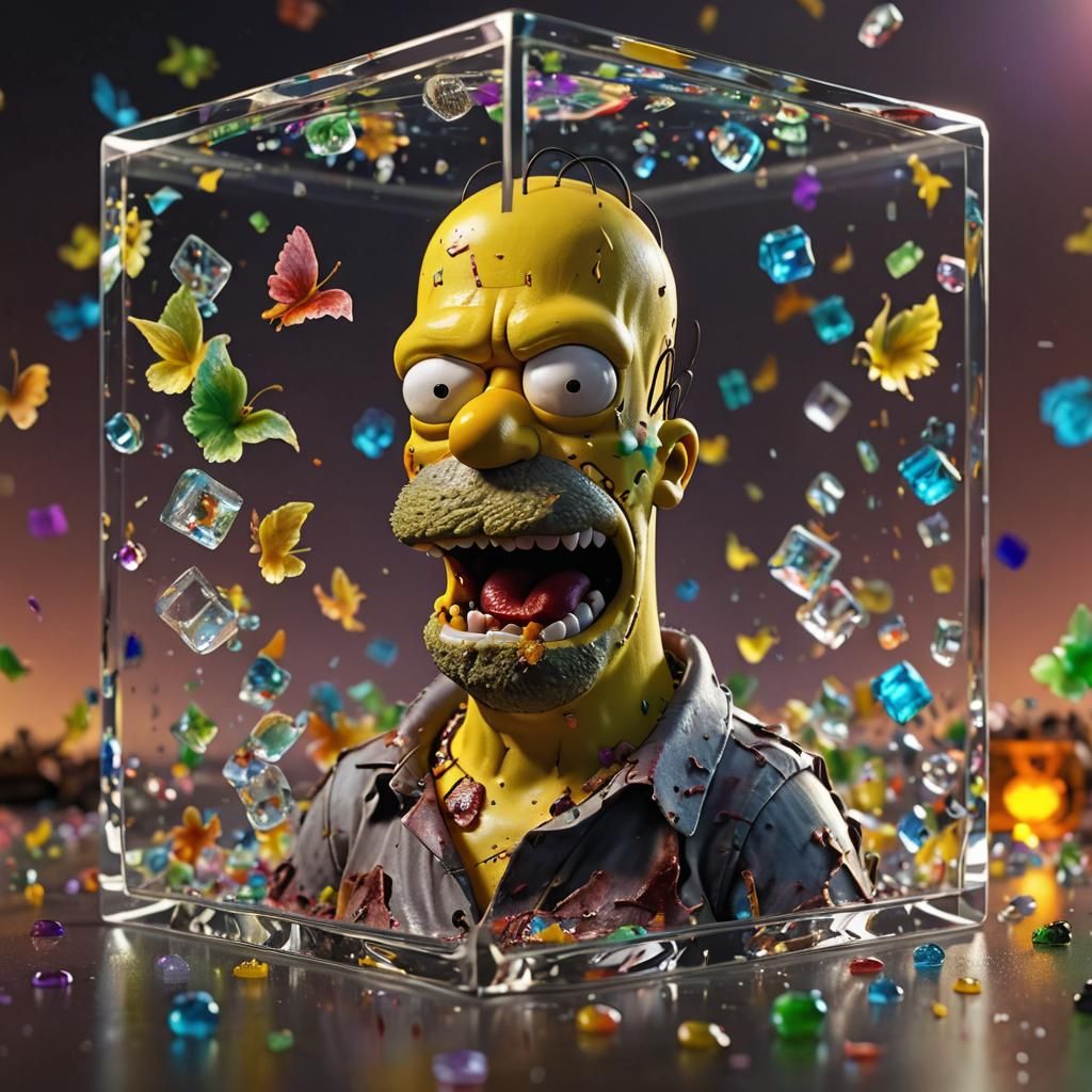 Zombie Homer Simpson in Crystal Cube: Hyperrealistic 3D Rend...