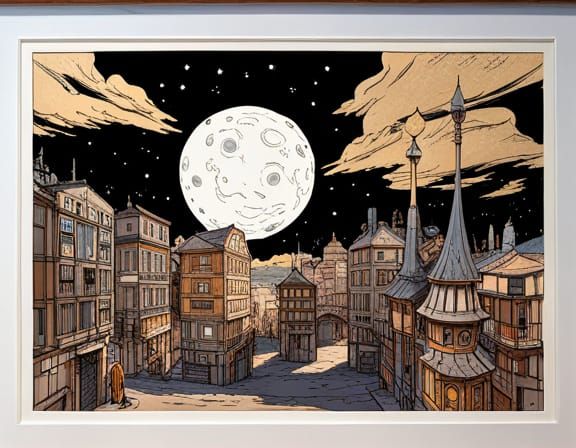 Romantic Moon Colony in Modern Ink Style