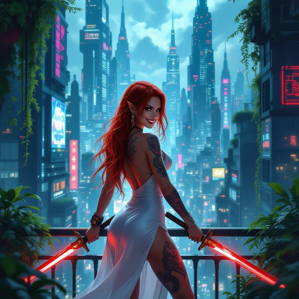 Cyberpunk Vampire Warrior in Futuristic City