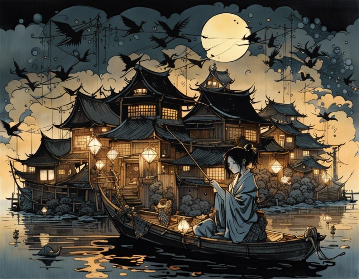 Origami Village at Night: Surrealist Japanese Lithography