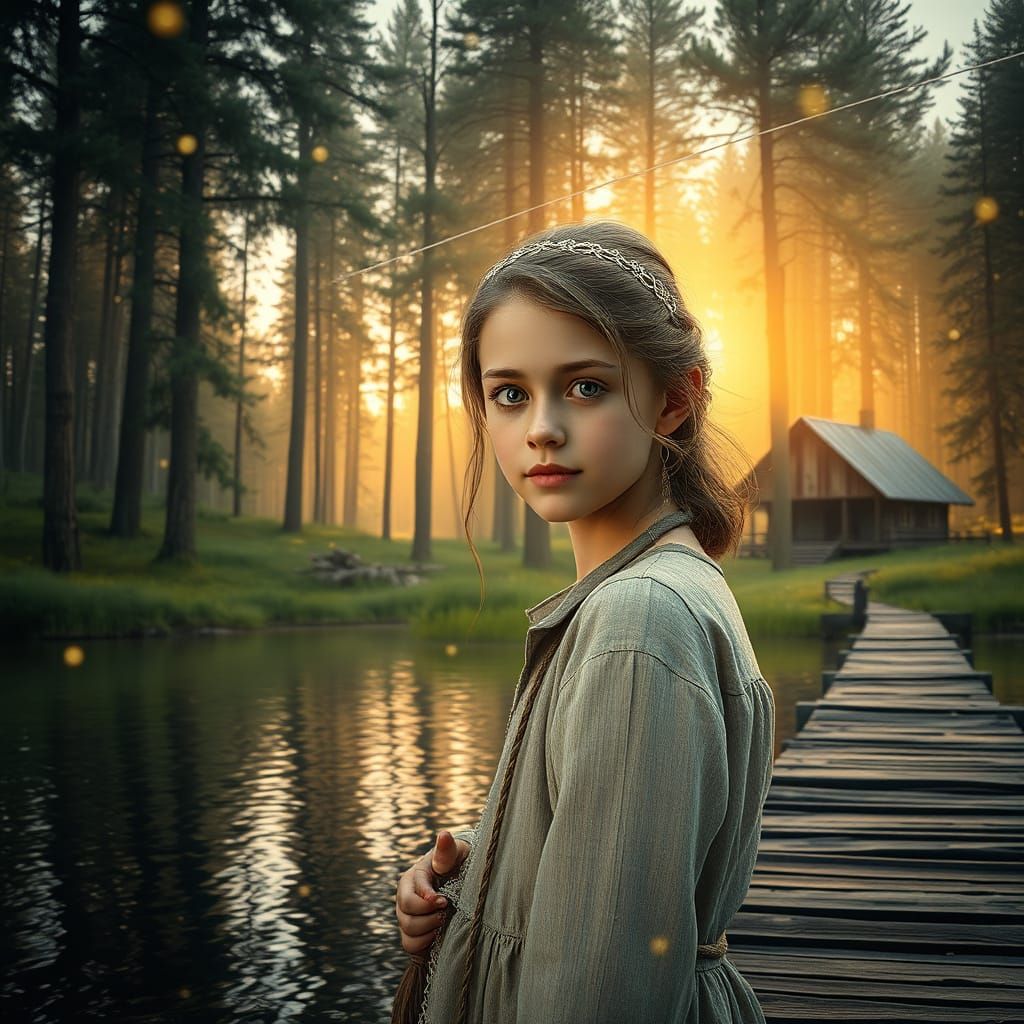 Serene Taiga Riverbank Scene with Young Girl Fishing in Gold...