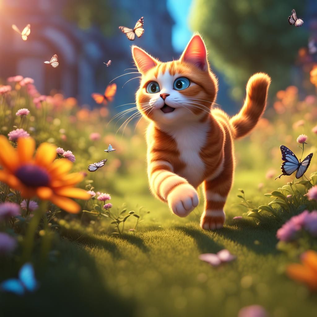 Cat Chasing Butterflies in Evening Light: 3D Digital Art
