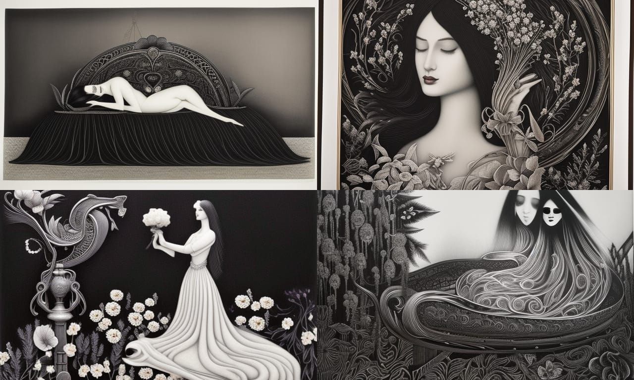 Woman on Swan Bed in Detailed Black and White Drawing