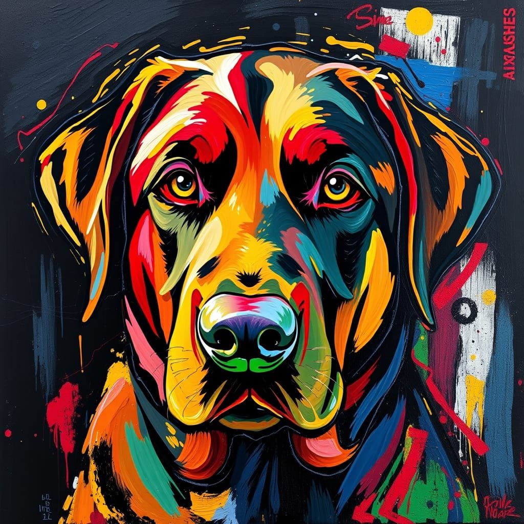 Vibrant Labrador Retriever Face in Expressive Oil Paint Styl...