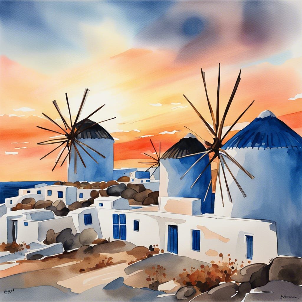 Watercolor Windmills of Mykonos at Sunset