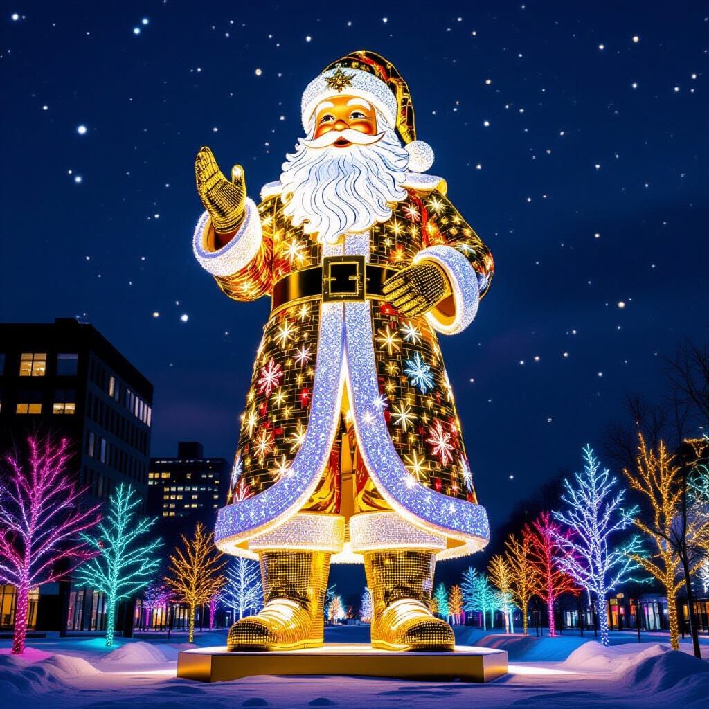 Majestic Gold Santa Statue at Night