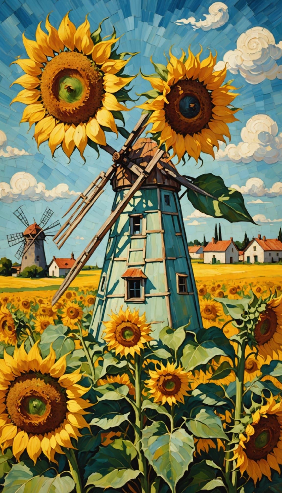 Sunflowers and Windmill in Van Gogh Style