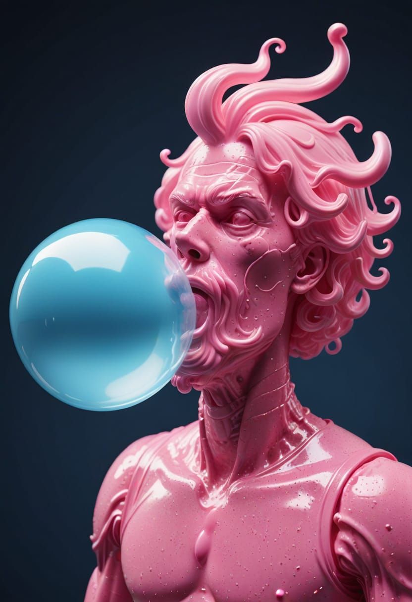 Whimsical Pink Bubblegum Hero Blows a Blue Bubble