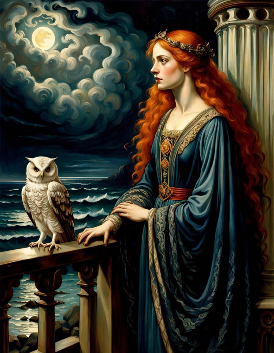 Gothic Ghost on Balcony in Pre-Raphaelite Style