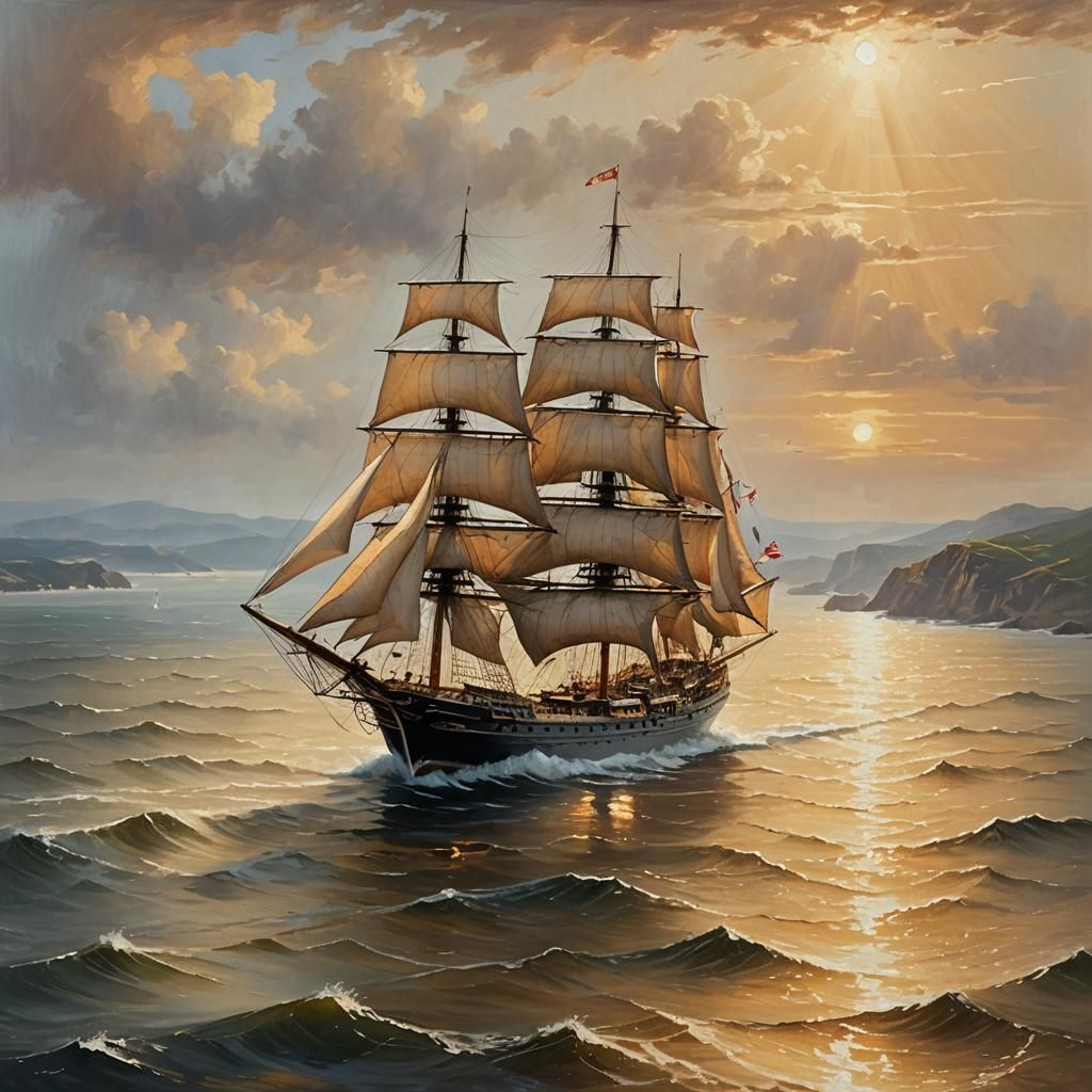 Majestic Sailing Ship in Golden Hour