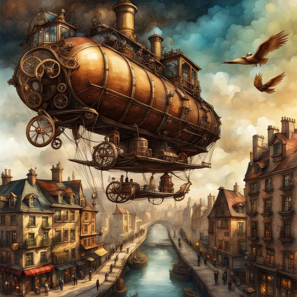 Steampunk Airship Over City in Watercolor Style