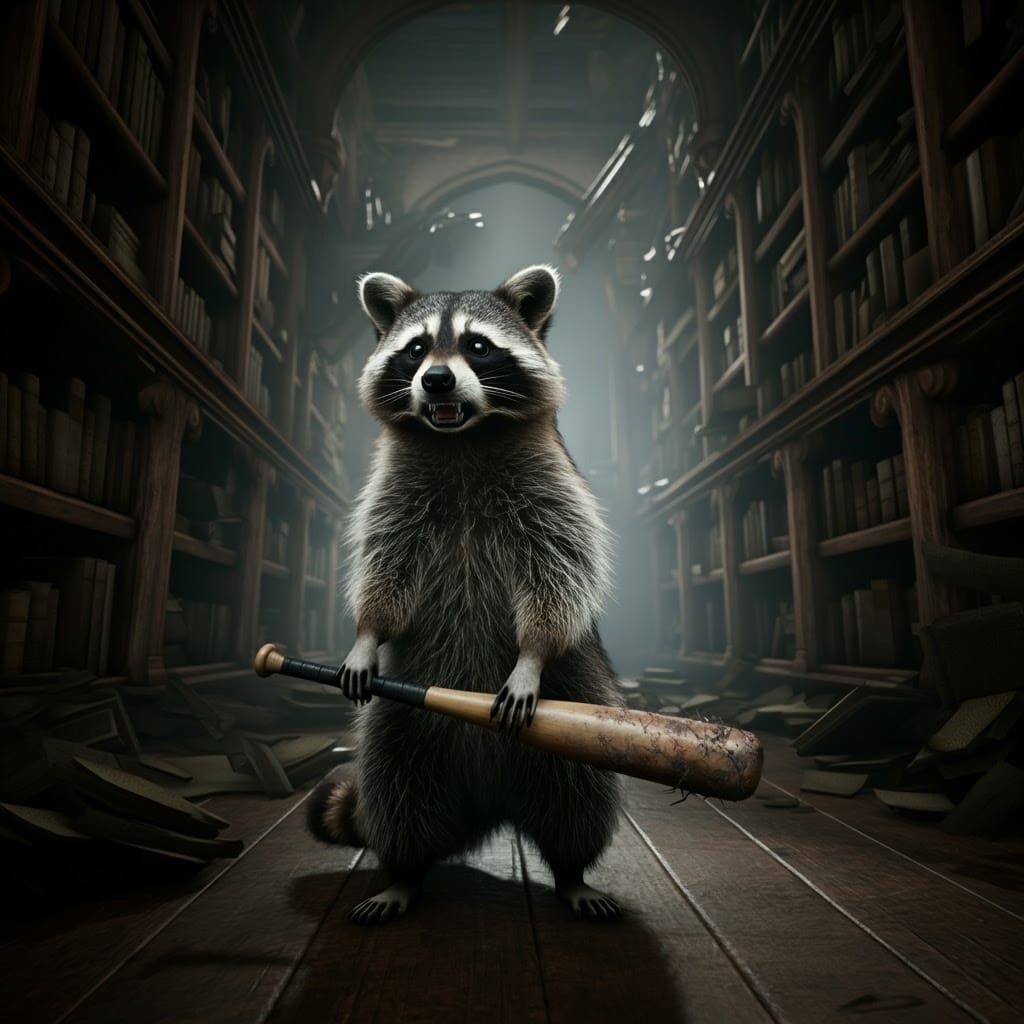 Raccoon Stands Defiant in Haunting Library Scene