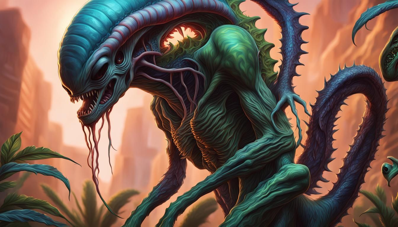 Hyperrealistic Alien Creature Consuming Colorful Plantlife