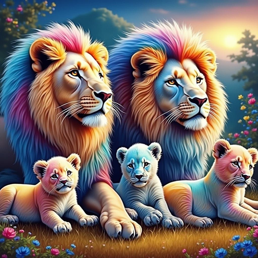Colorful Lion Family Portrait in Painterly Style