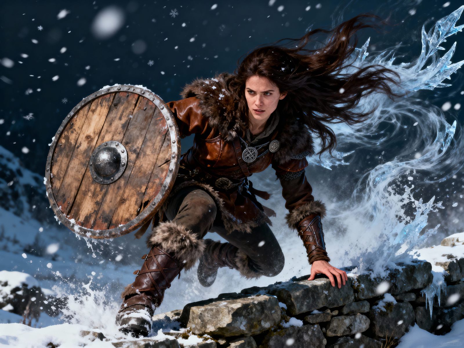 Norse Goddess Vaults Wall in Blizzard