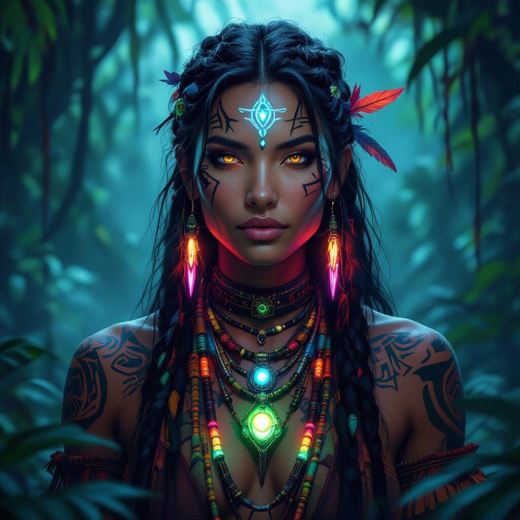 Futuristic Shaman in Bioluminescent Jungle: Digital Art