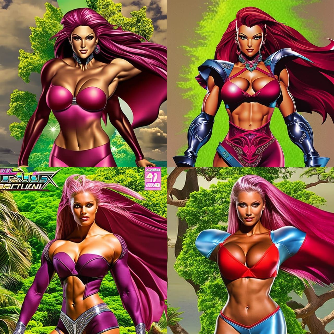 Female Bodybuilder Posing on Sunset Beach, Anime Style