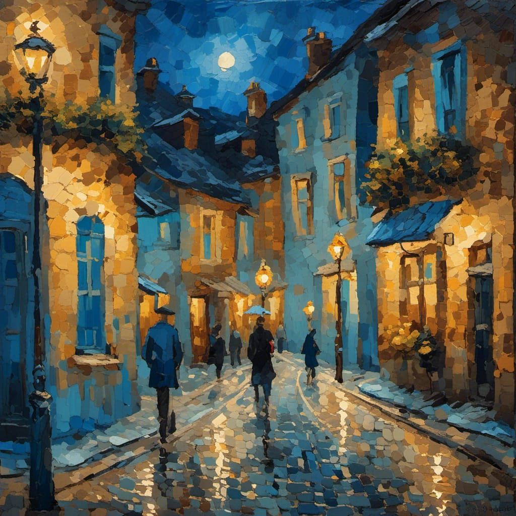 Impressionist City Street at Night in Gouache Oil