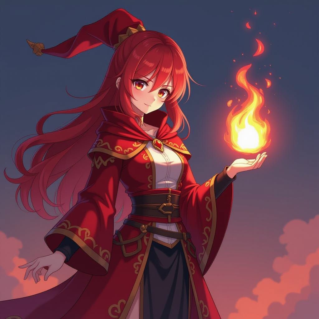 Tall Anime Fire Mage in Cinematic Lighting